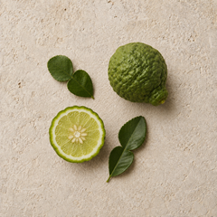 Whole and halved bergamot with leaves on a textured beige background