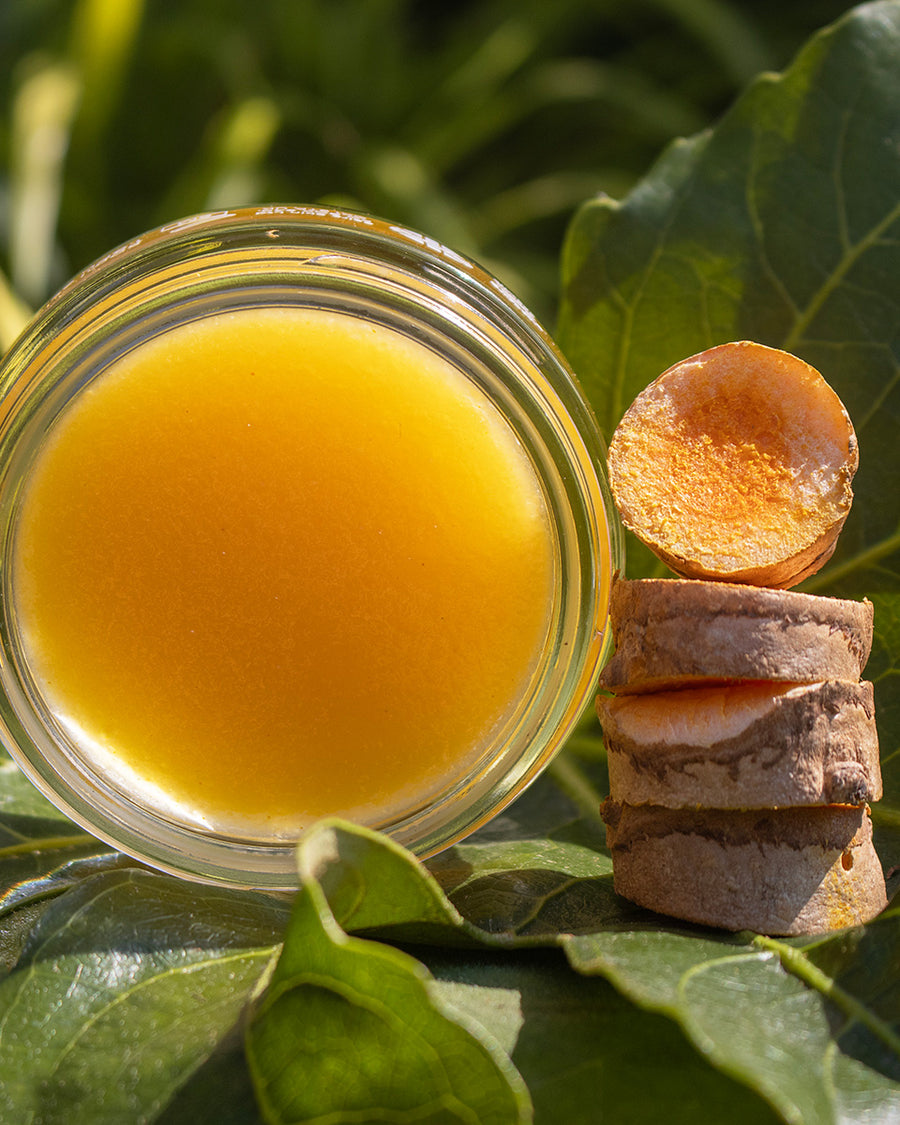 A clear glass jar filled with bright yellow-orange turmeric juice or extract, placed on green leaves beside stacked turmeric root slices and a single sliced piece, with a blurred natural green background.