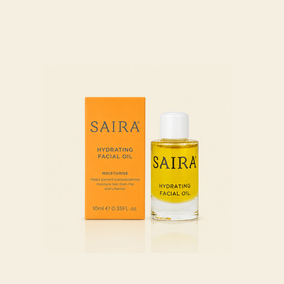 SAIRA Hydrating Facial Oil 10ml bottle next to its orange packaging box, set against a warm cream background.