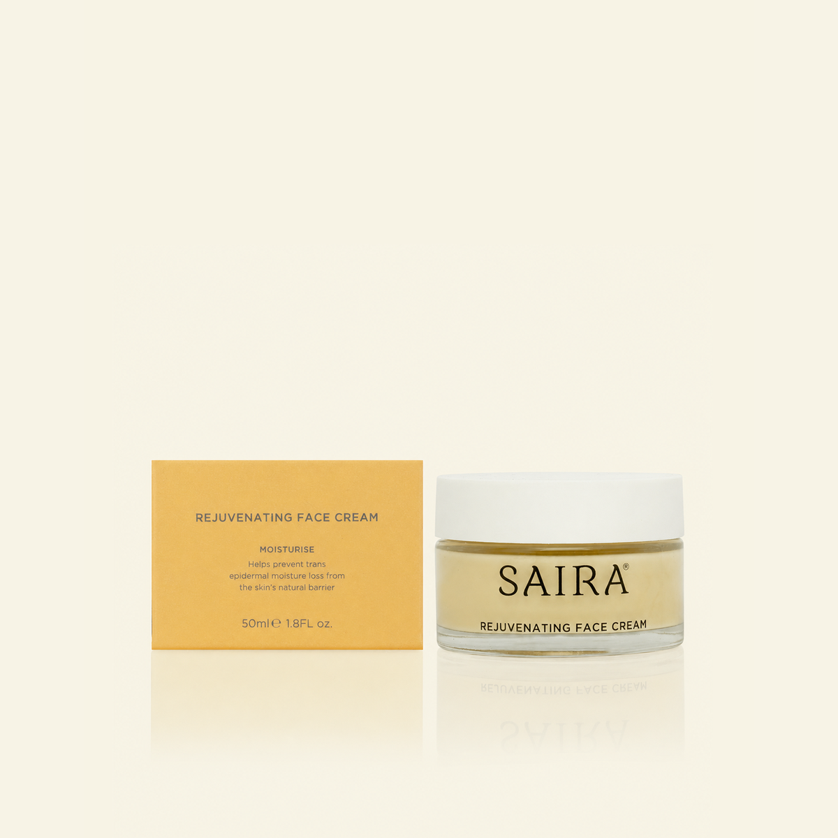 SAIRA Rejuvenating Face Cream shown with its yellow-orange packaging box and a clear glass jar with a white lid on a light cream background.