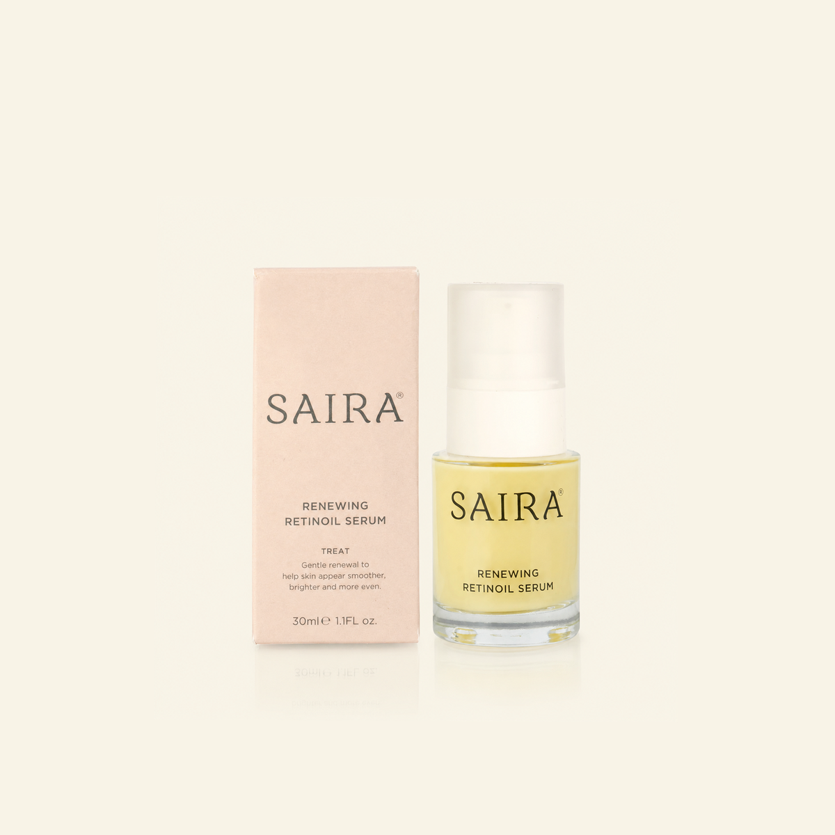 SAIRA Renewing Retinoil Serum shown with its pale pink outer box and a clear glass bottle containing pale yellow serum, on a warm off-white background.