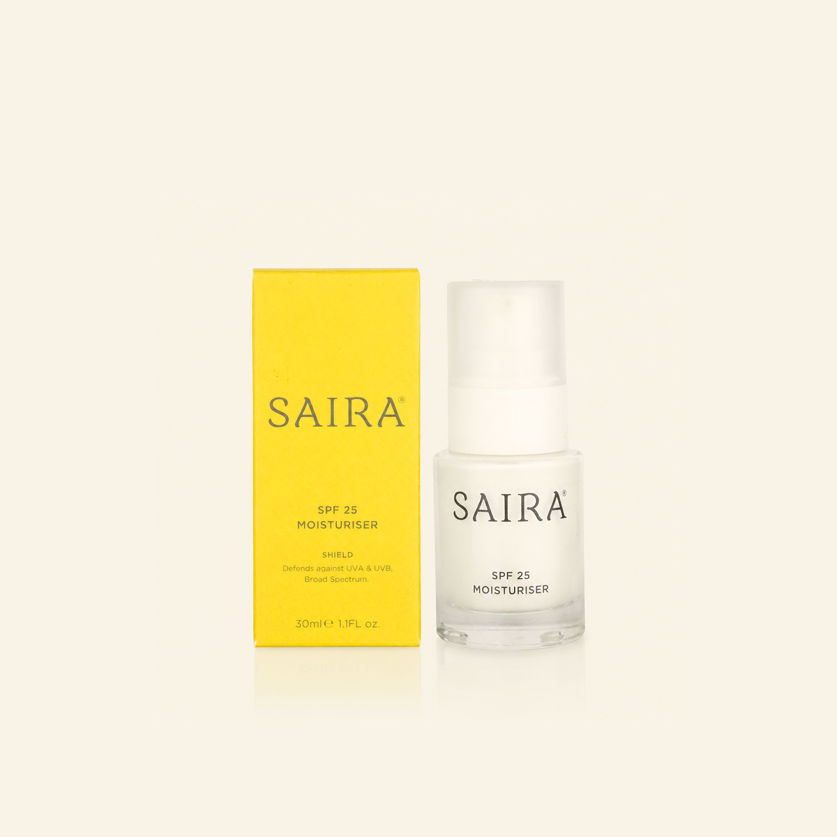 SAIRA SPF 25 Moisturiser shown with its bright yellow packaging box and the clear glass bottle with a white pump dispenser, on a solid cream background.
