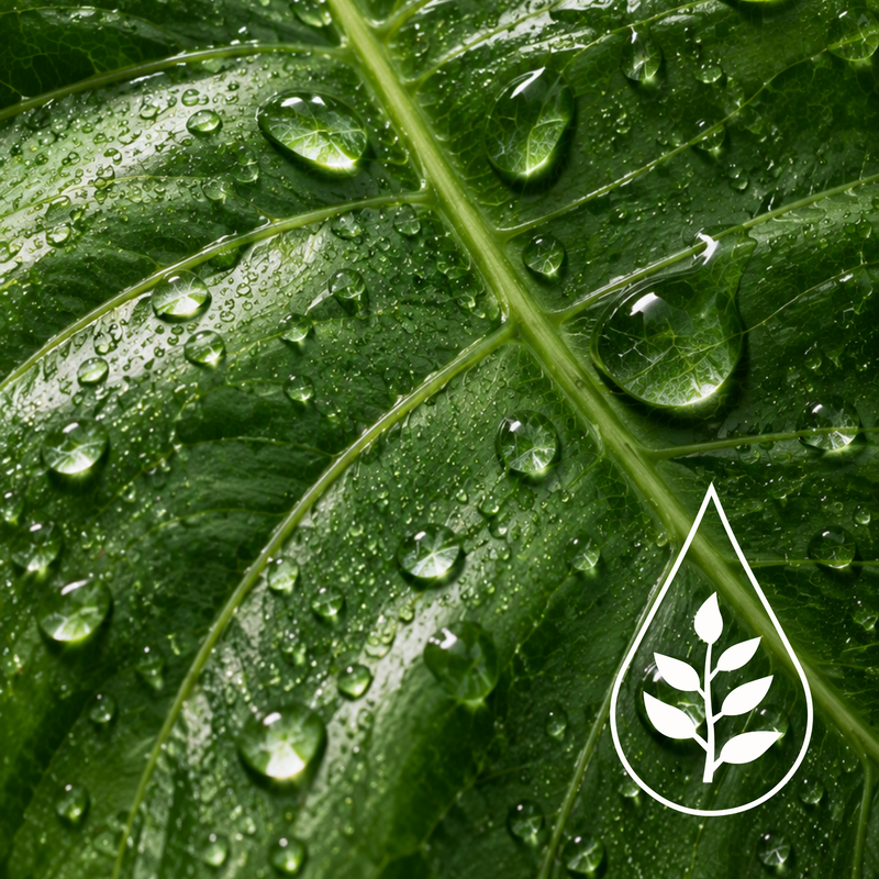 Close-up of a glossy green leaf covered with water droplets, with a white teardrop icon containing a leaf motif in the lower right corner.